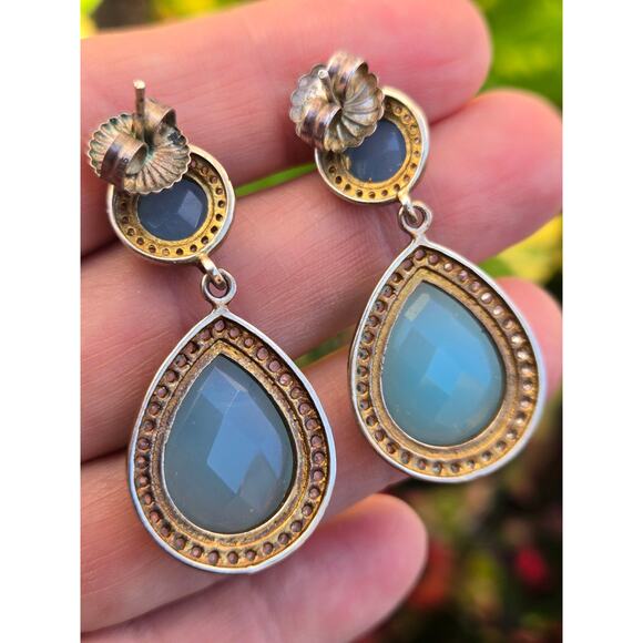 Vintage Pear Blue Chalcedony Fancy Cut, CZ in Sterling, Gold Plated Earrings - Picture 10 of 10